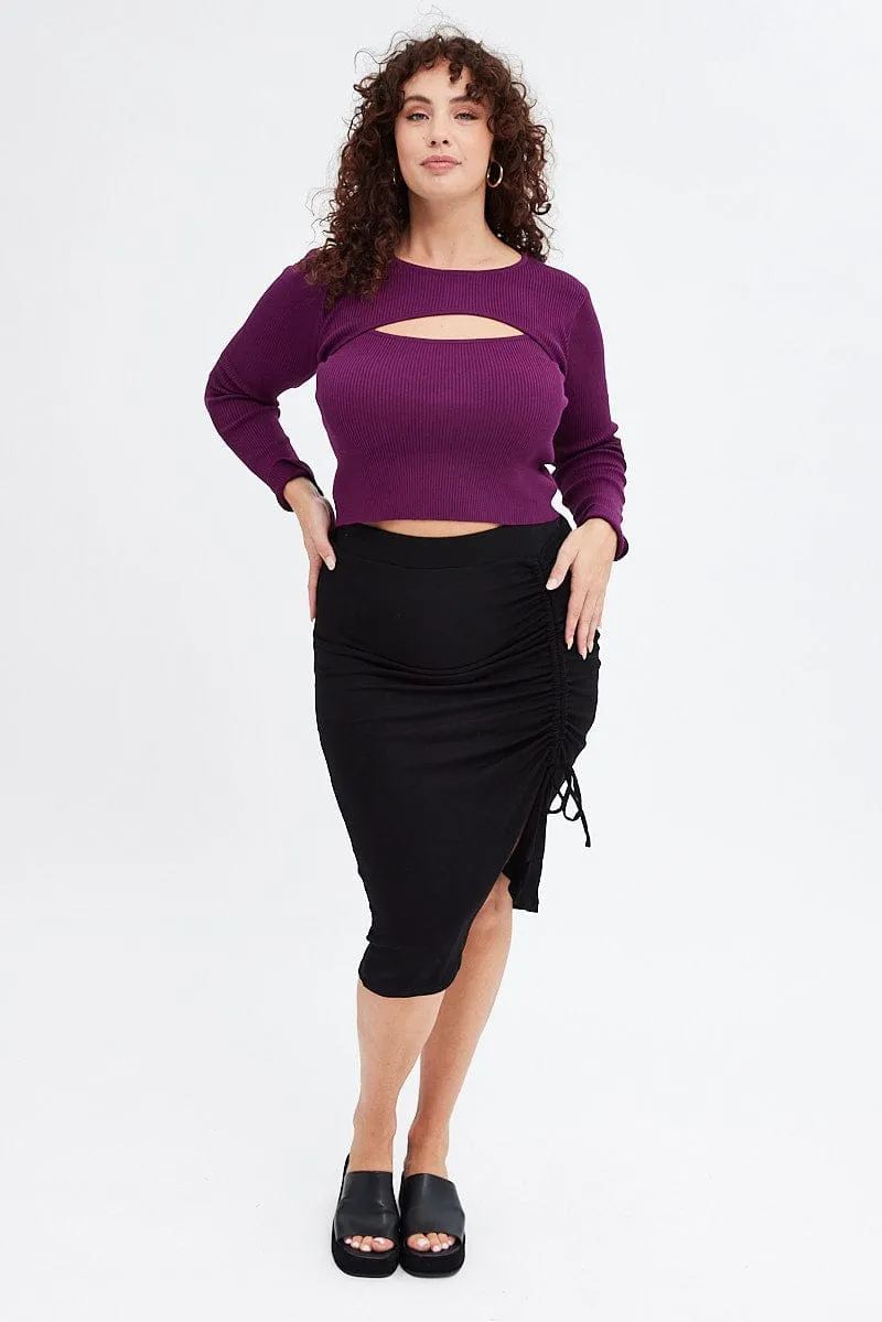 Black Bodycon Midi Skirt Drawstring Rib Fashion Pulse