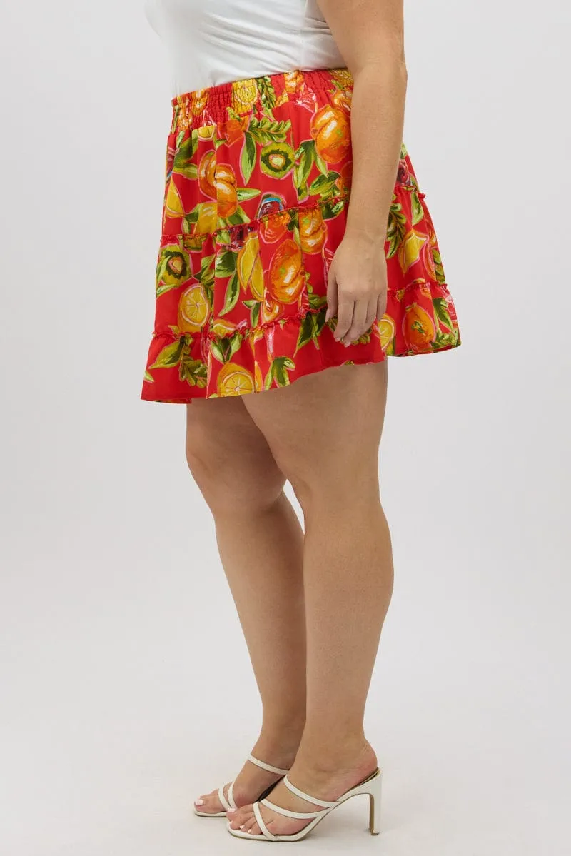 Reinforced Pockets Non see through Red Abstract Holiday Fruit Print Mini Skirt