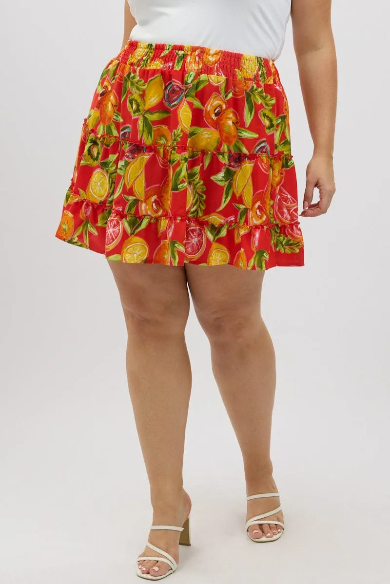Red Abstract Holiday Fruit Print Mini Skirt Subtle Shimmer