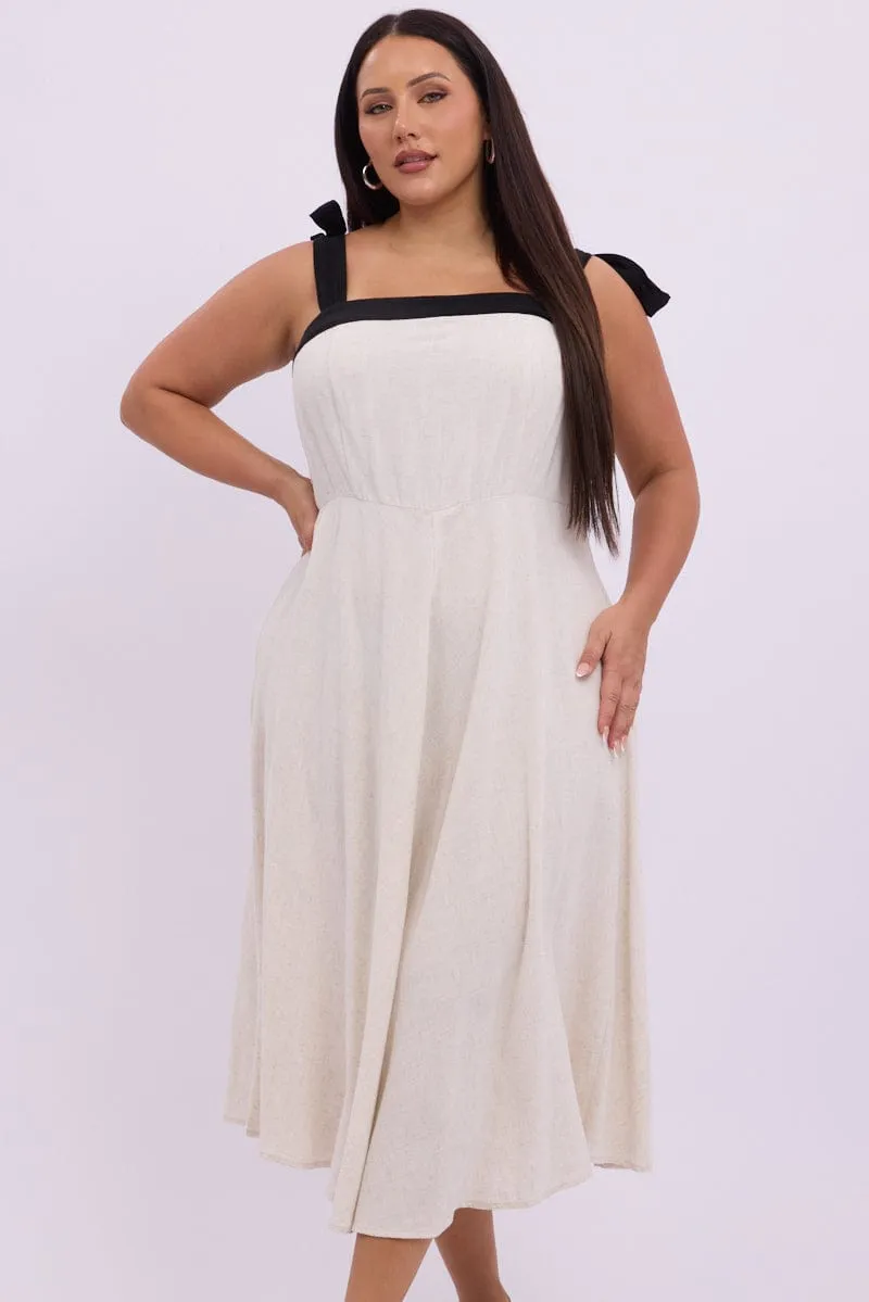 Beach Path Fashion Essential Beige Midi Dress Sleeveless Contrast Shoulder Tie