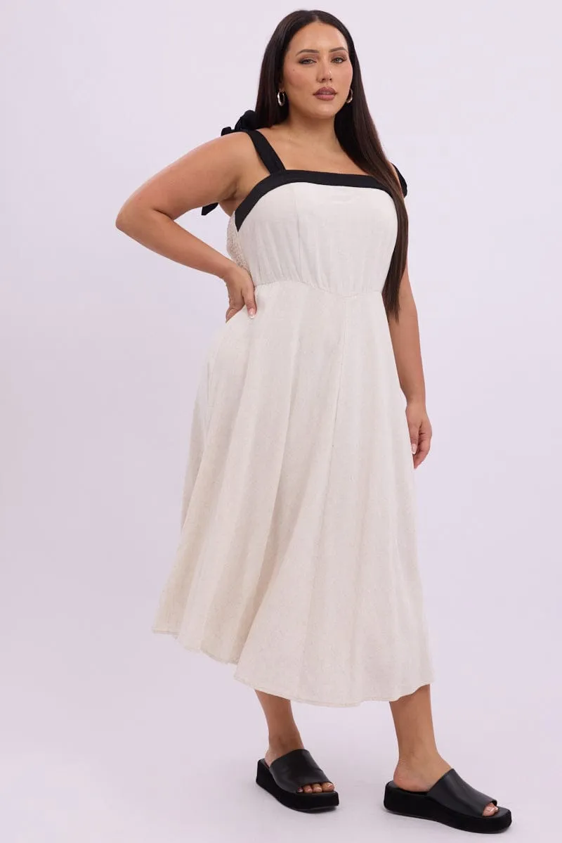 Gallery Tour Mesh Breeze Beige Midi Dress Sleeveless Contrast Shoulder Tie