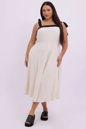 Comfortable Layers subtle style Beige Midi Dress Sleeveless Contrast Shoulder Tie
