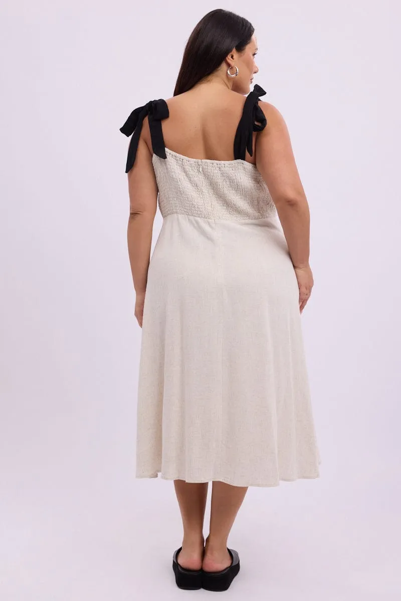 Chic and Simple Beige Midi Dress Sleeveless Contrast Shoulder Tie