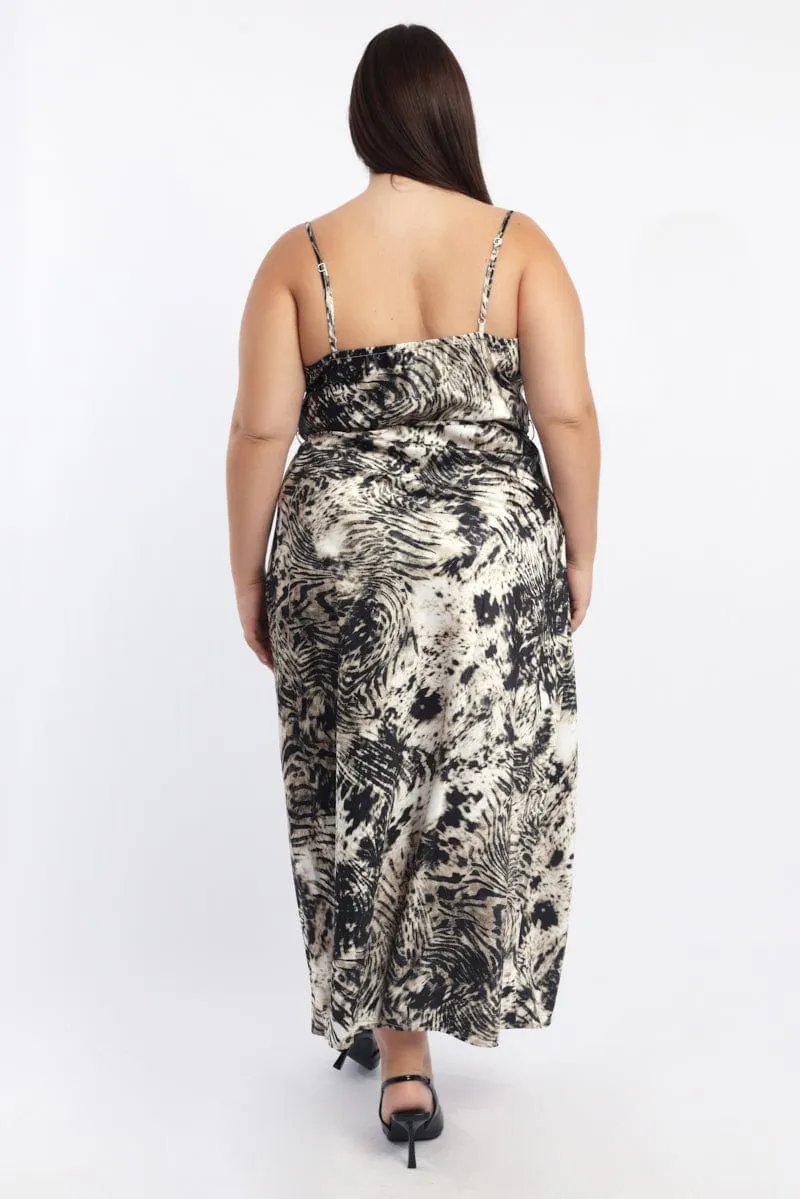 All Season Wear Romantic casual midi Black Animal Print Zebra Cowl Midi Dress