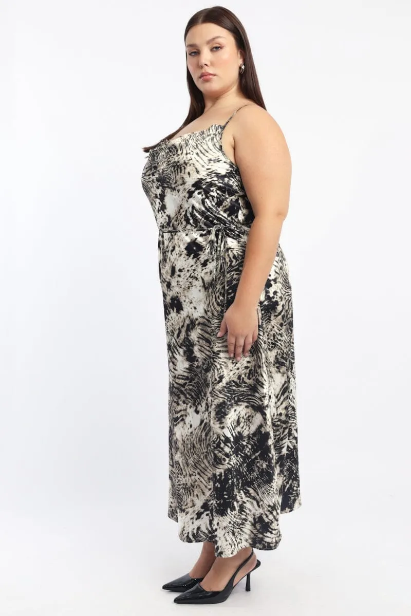 Fashionable Fit Black Animal Print Zebra Cowl Midi Dress