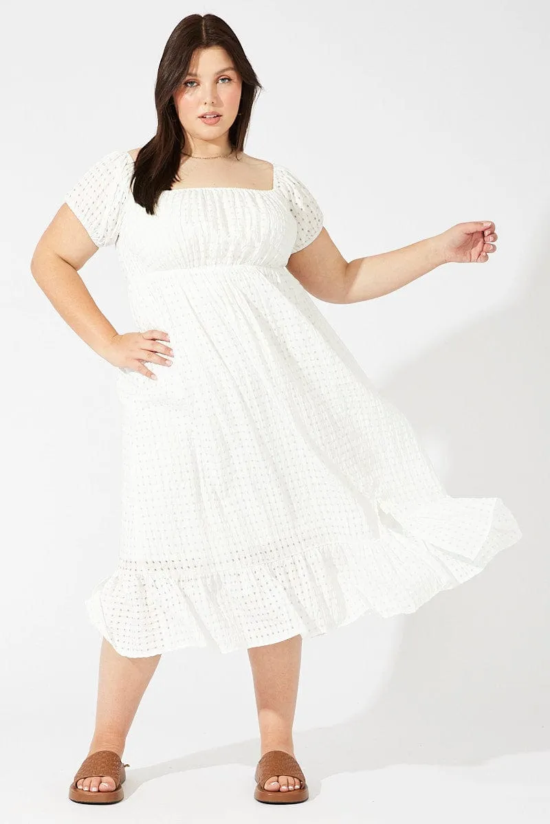 Feminine stylish midi White Midi Dress Off Shoulder Check Split Front
