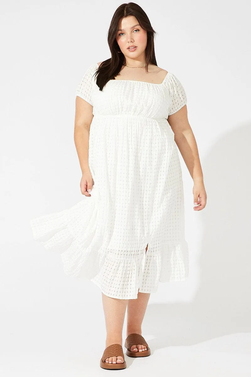 Smart Chic Style White Midi Dress Off Shoulder Check Split Front