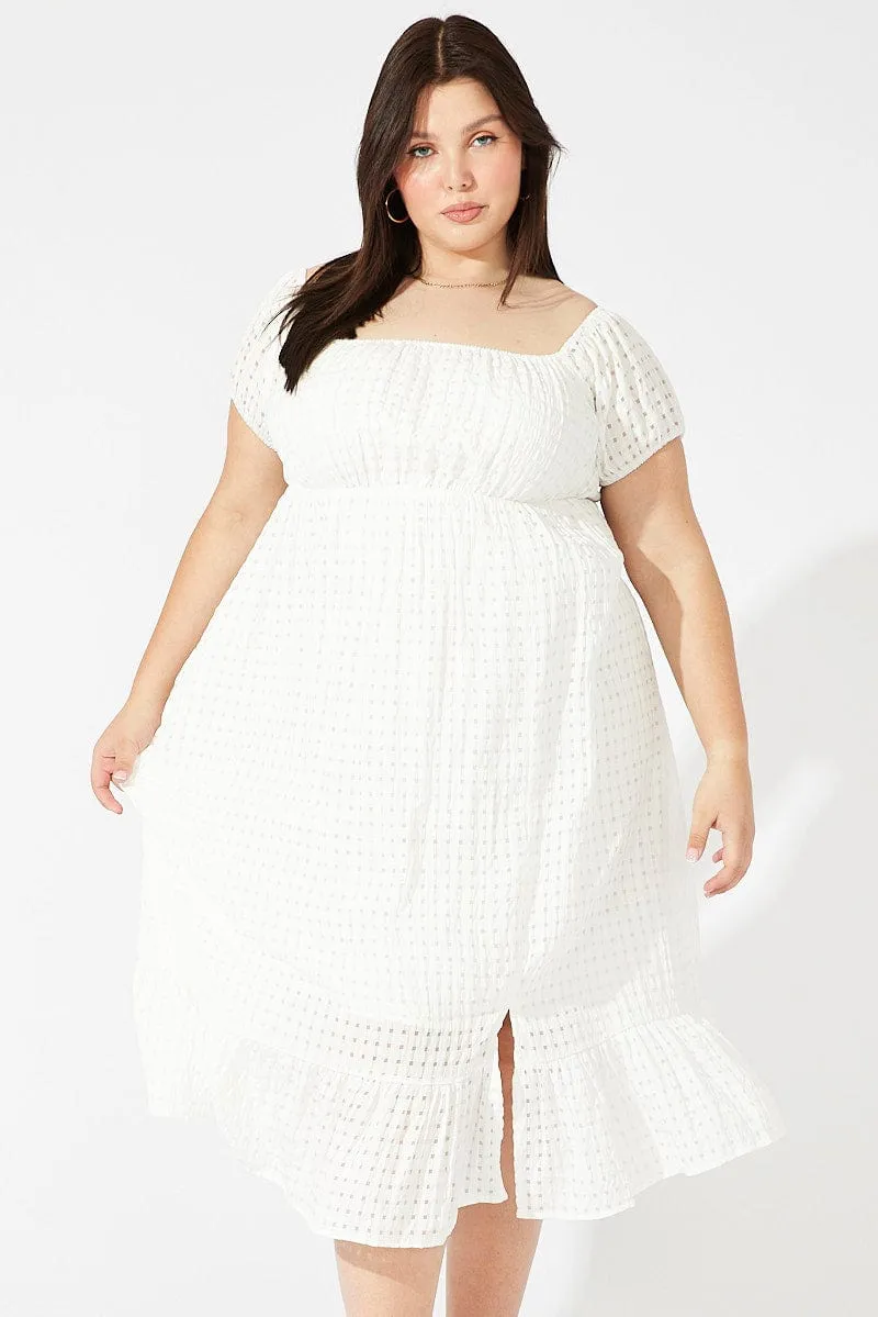 White Midi Dress Off Shoulder Check Split Front Platinum Shine