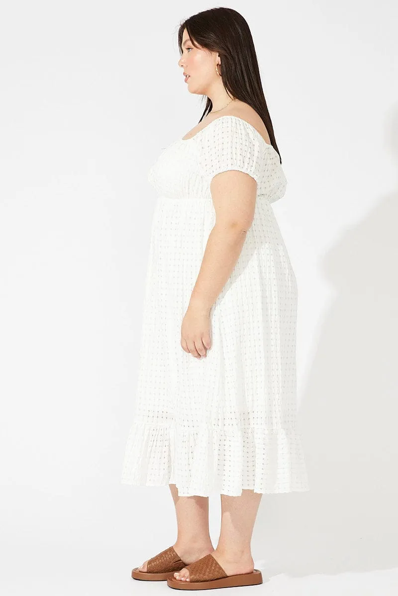 White Midi Dress Off Shoulder Check Split Front Work Ready Outfit Daily Glam