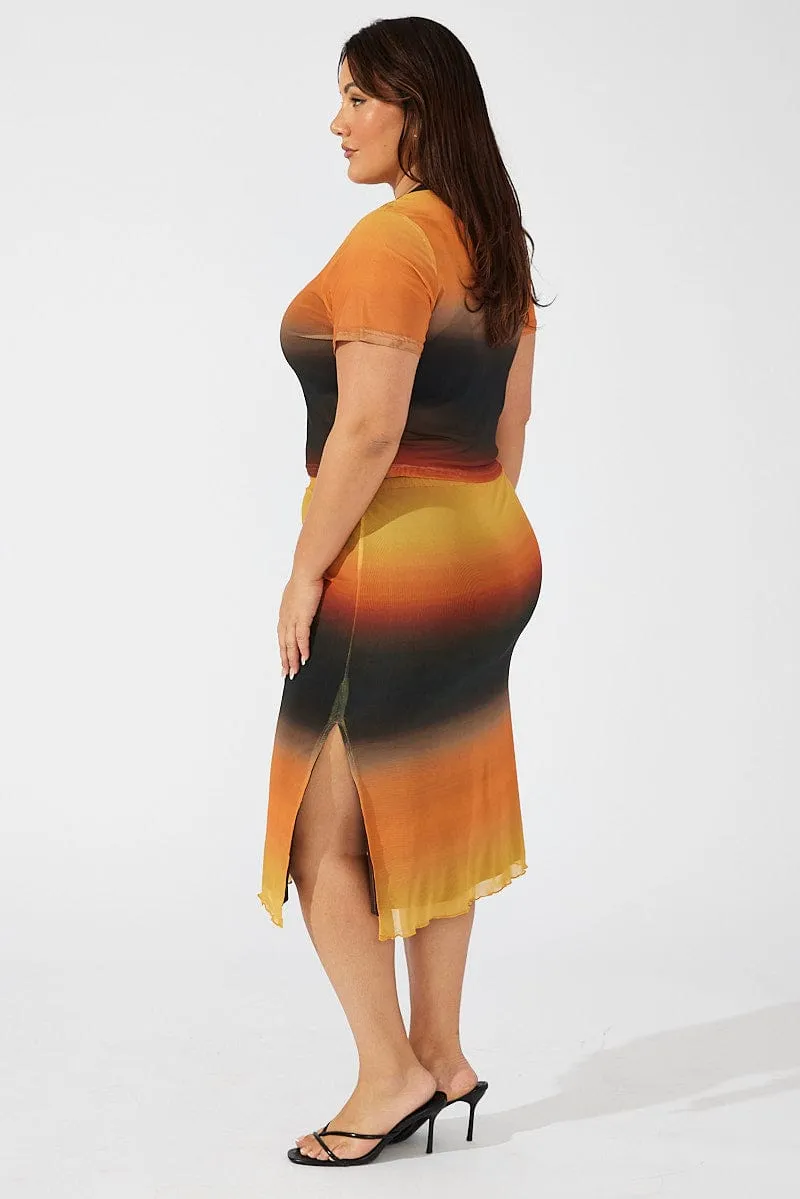 Multi Abstract Midi Skirt Bodycon Split Mesh Daily Favorite