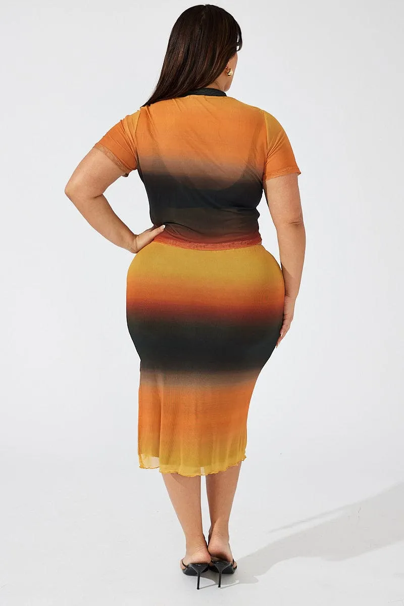 Multi Abstract Midi Skirt Bodycon Split Mesh Light Touch Recycled Material
