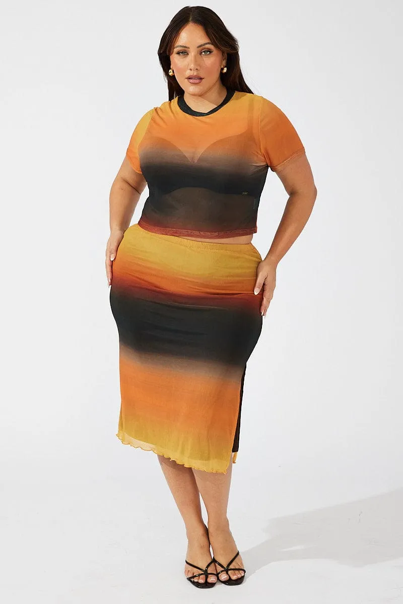 Multi Abstract Midi Skirt Bodycon Split Mesh Quick Dry Technology Day Wear