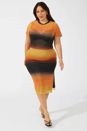 Multi Abstract Midi Skirt Bodycon Split Mesh Lightwear Look Comfort Fit