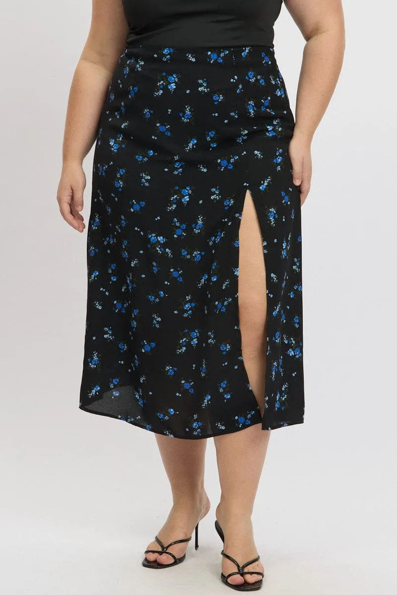 Blue Ditsy Lined Split Skirt Crisscross Back High Elasticity Material