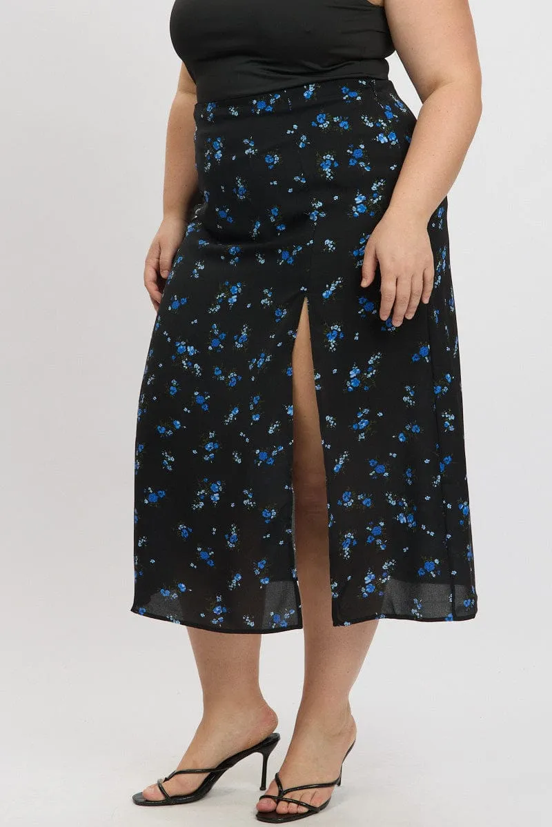 Blue Ditsy Lined Split Skirt Style Preview Sleek Outfit