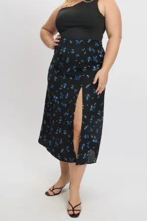 Blue Ditsy Lined Split Skirt Crisp Finish