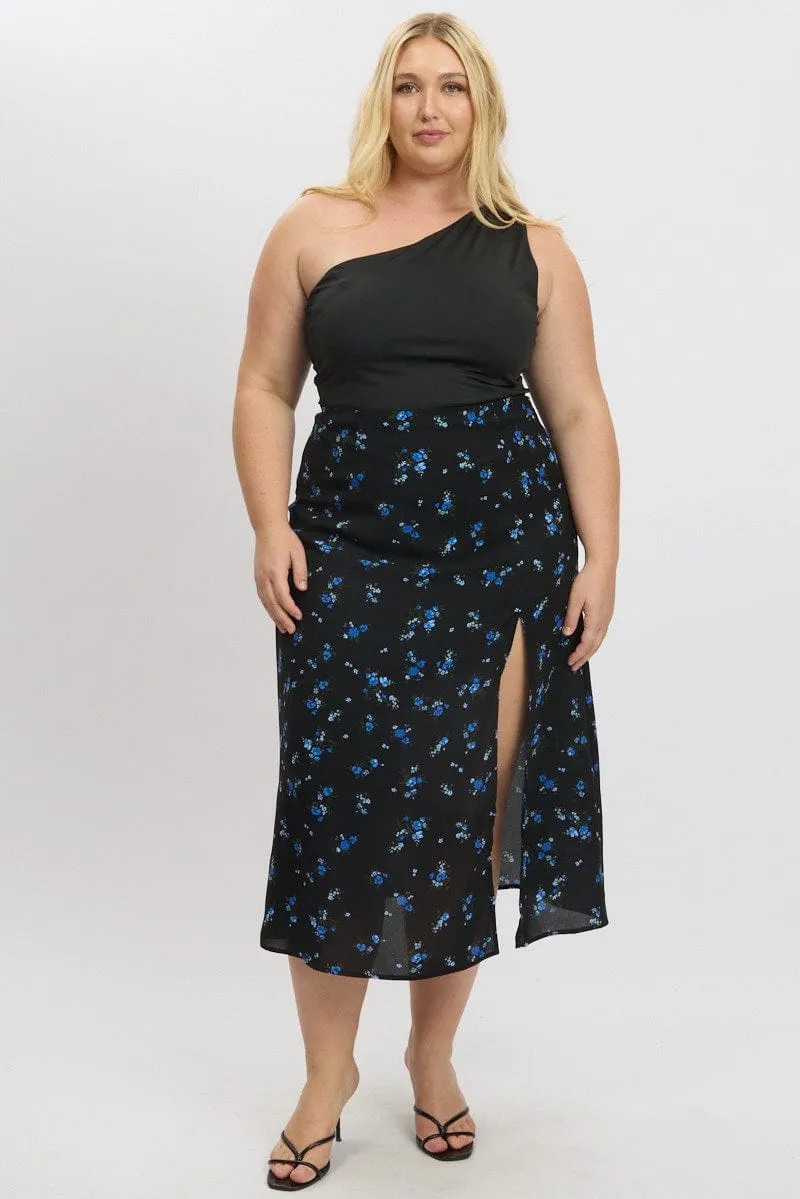 Blue Ditsy Lined Split Skirt Everyday Look