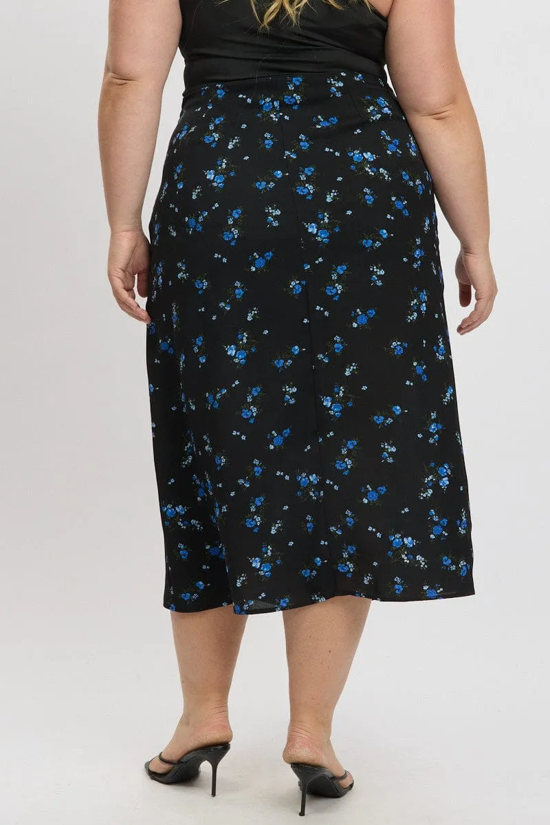 Exclusive Drop Functional Detail Blue Ditsy Lined Split Skirt