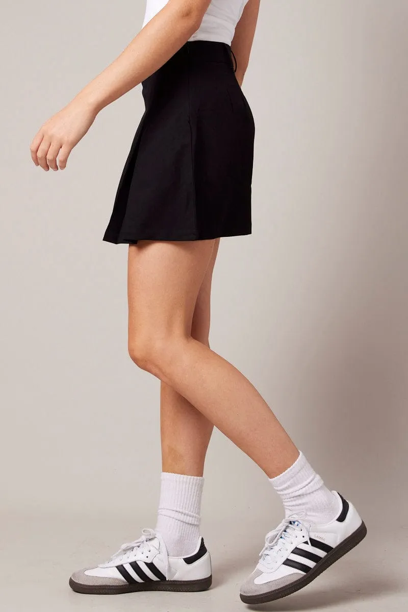 Black Mini Skirt Pleated Mix Texture Tapered Cut