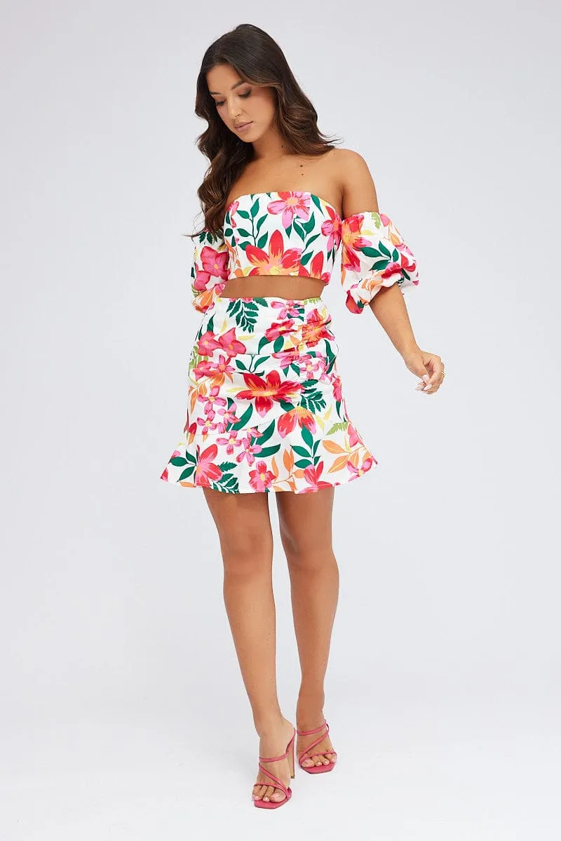 Multi Floral Gathered Skirt Mini Length Ruffle Detail Natural Mood Chill Wear