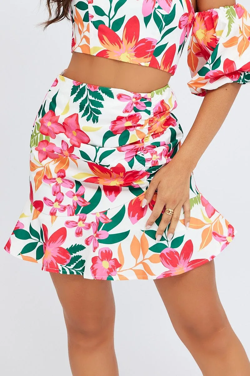 Multi Floral Gathered Skirt Mini Length Ruffle Detail Sleek Styling