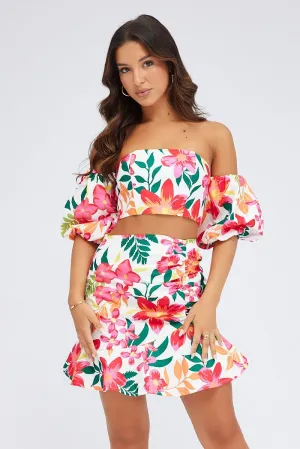 Sturdy Waistband Formal Event Multi Floral Gathered Skirt Mini Length Ruffle Detail