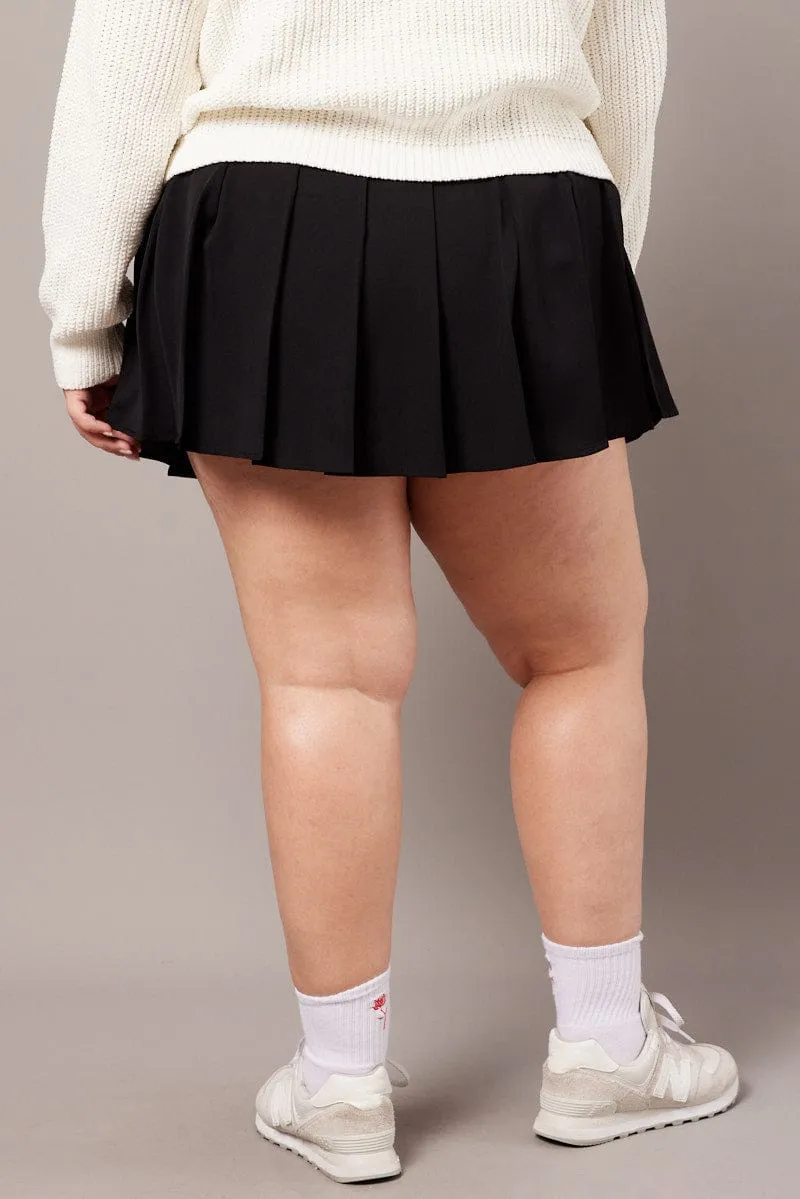 Black Tennis Pleated Mini Skirt With Shorts Under Push Button Closure