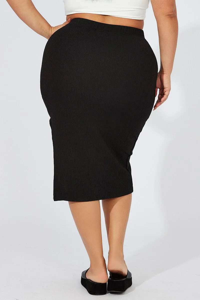 Black Midi Skirt Textured Rib Bodycon Simple looks Modern Combo