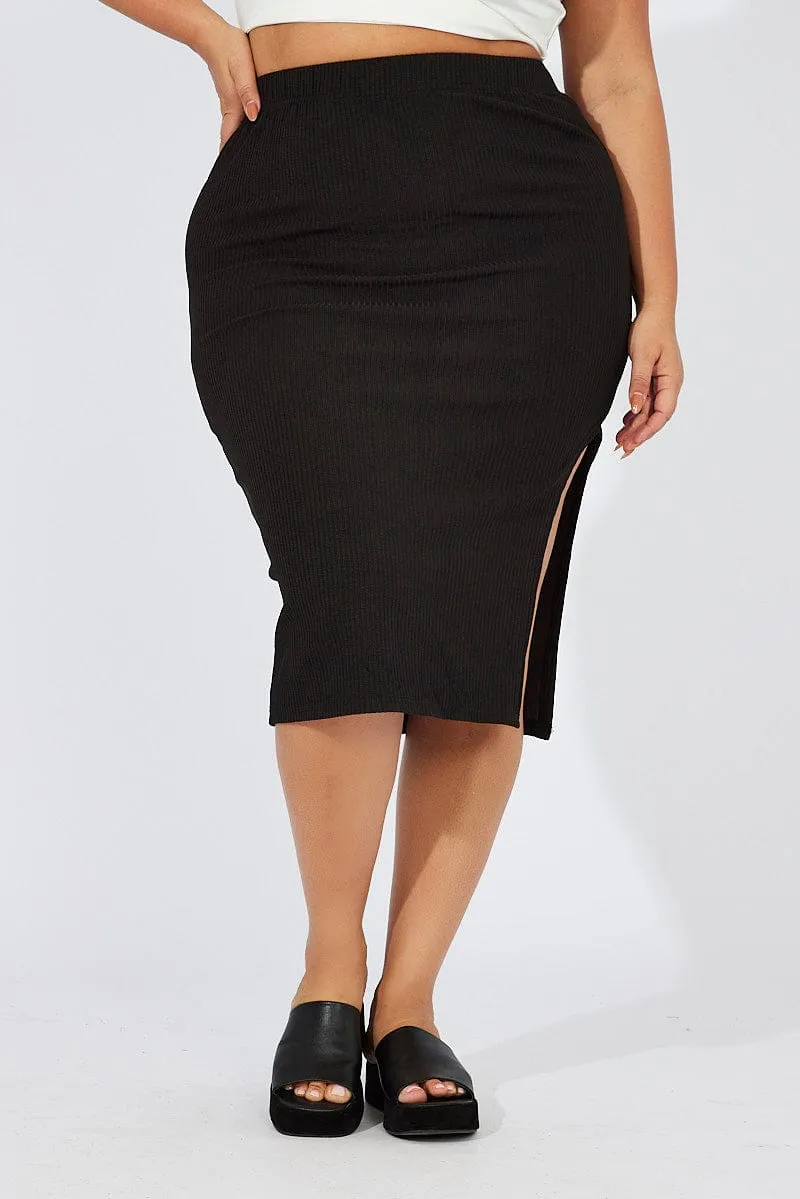 Black Midi Skirt Textured Rib Bodycon Crisp Edge Limited Quantity