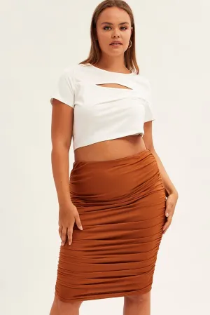 Neutral Wear Heritage Inspired Brown Bodycon Skirt High Waist Ruched Midi Jersey