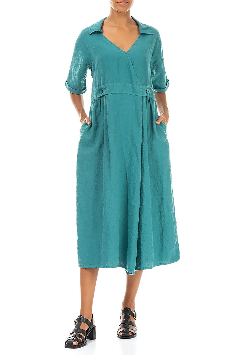 Collar V-Neck Turquoise Linen Dress Fantasy Mood Comfortable Shoes
