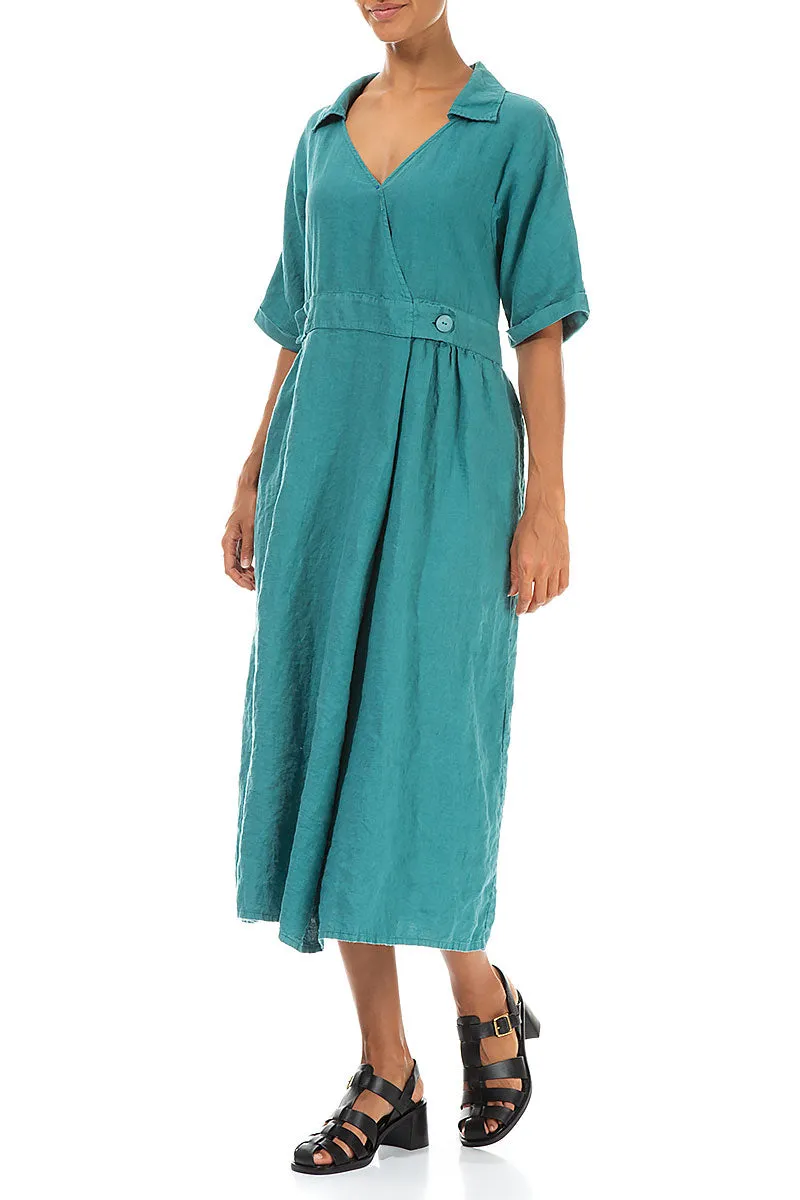 Collar V-Neck Turquoise Linen Dress Hygienic Finish