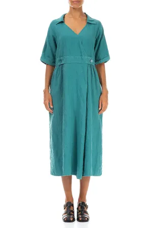 Collar V-Neck Turquoise Linen Dress Bio Glow QuickDry Technology