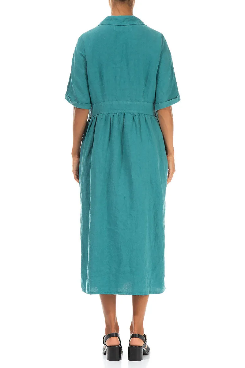 Collar V-Neck Turquoise Linen Dress Cozy Knit OdorControl Technology