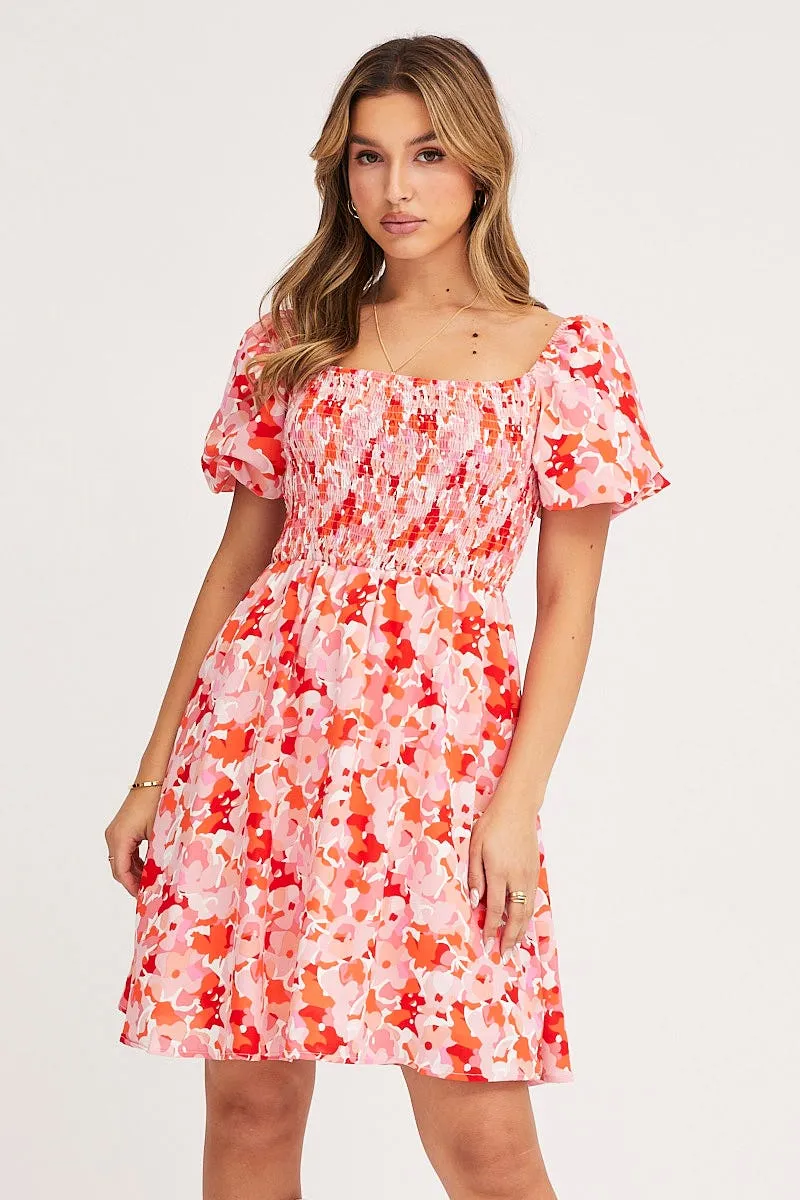 Print Fit And Flare Dress Short Sleeve Square Neck Light Core