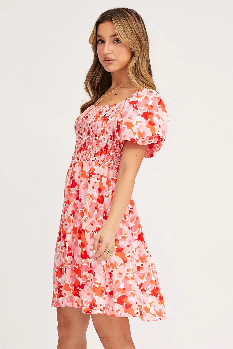 Print Fit And Flare Dress Short Sleeve Square Neck Comfortable Lounge