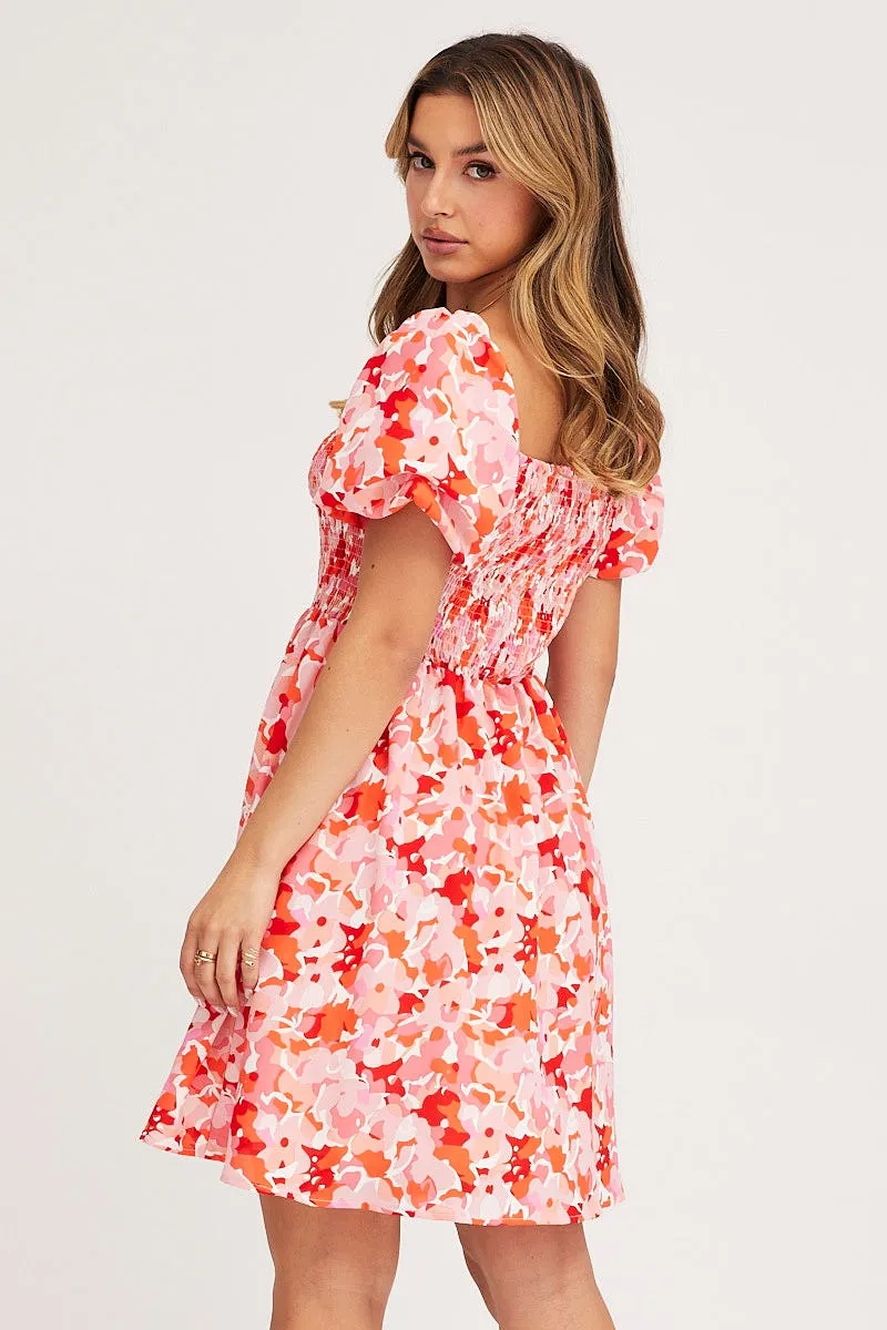 Adjustable Waistband Print Fit And Flare Dress Short Sleeve Square Neck