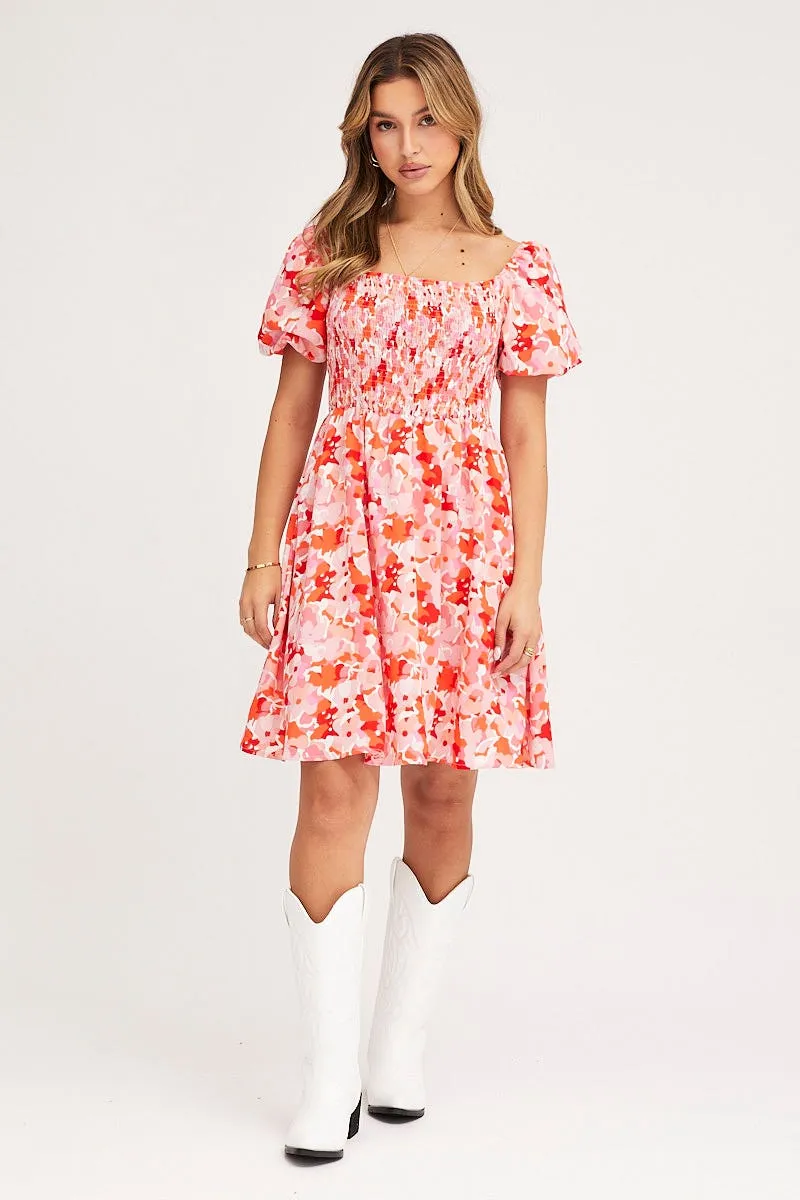 Seamless Design Print Fit And Flare Dress Short Sleeve Square Neck