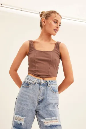 Brown Corset Crop Rib Curve Hem Tank HypoallergenicFabric