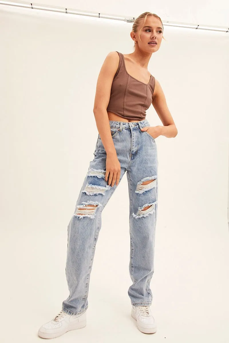 SlipResistantHem Brown Corset Crop Rib Curve Hem Tank