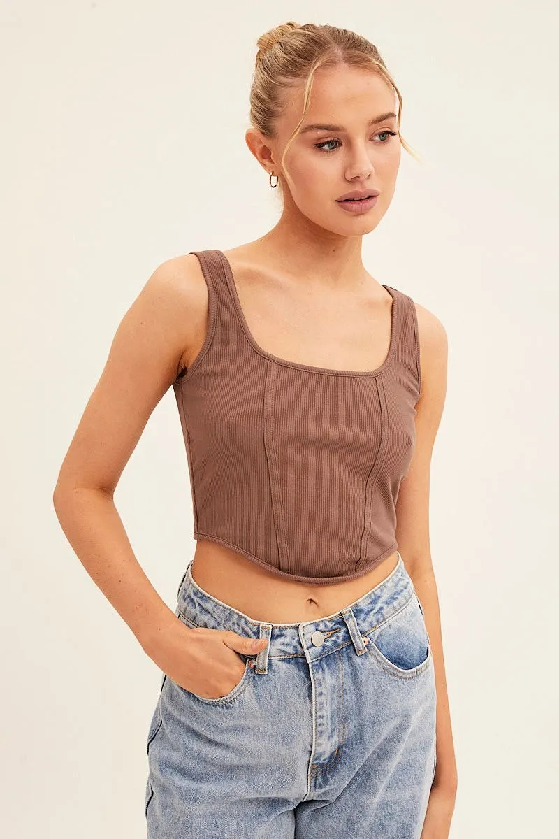 Brown Corset Crop Rib Curve Hem Tank Antistatic