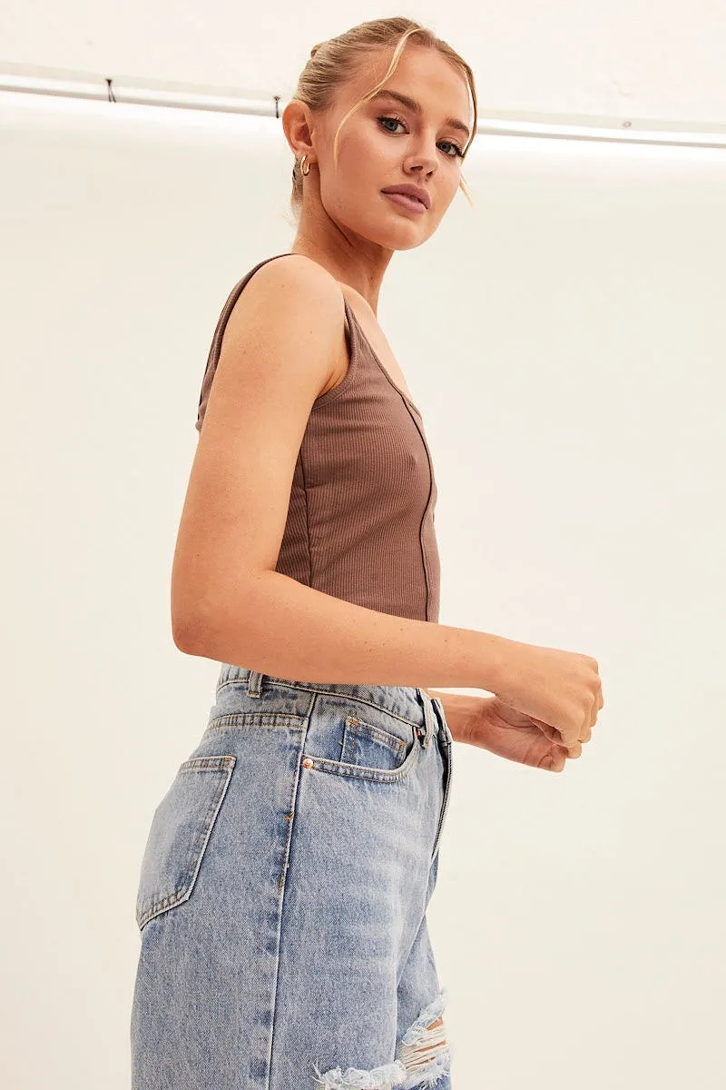 Fall Mood Energy Ease Brown Corset Crop Rib Curve Hem Tank