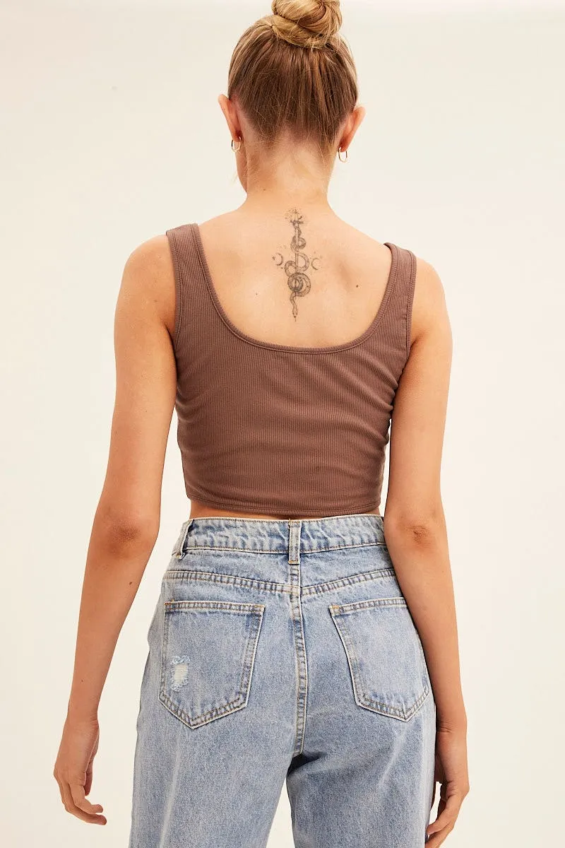 Brown Corset Crop Rib Curve Hem Tank Breathable mesh lining SmoothZipper
