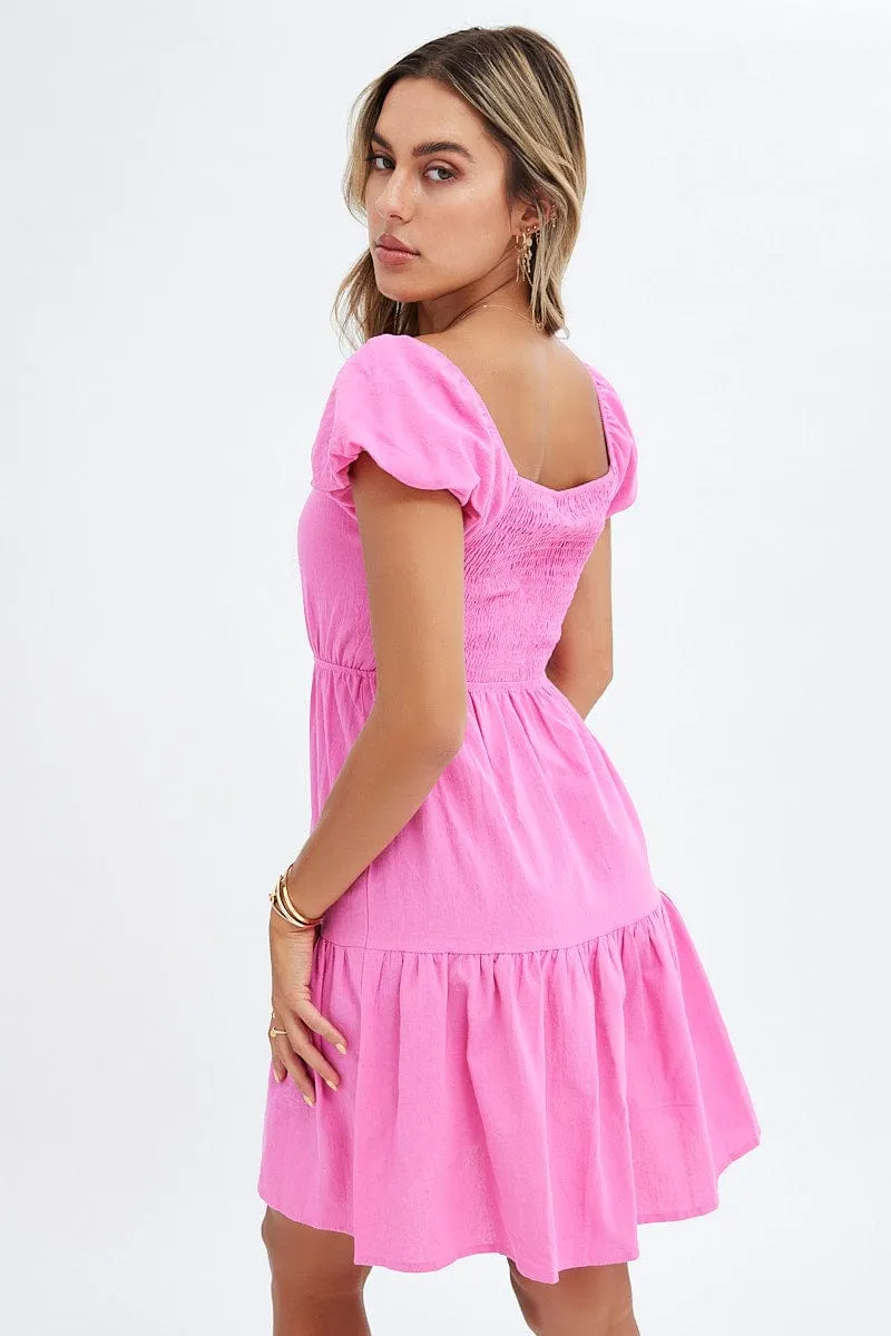 QuickRelease Closure Vented Panels Pink Puff Sleeve Cut Out Skater Dress
