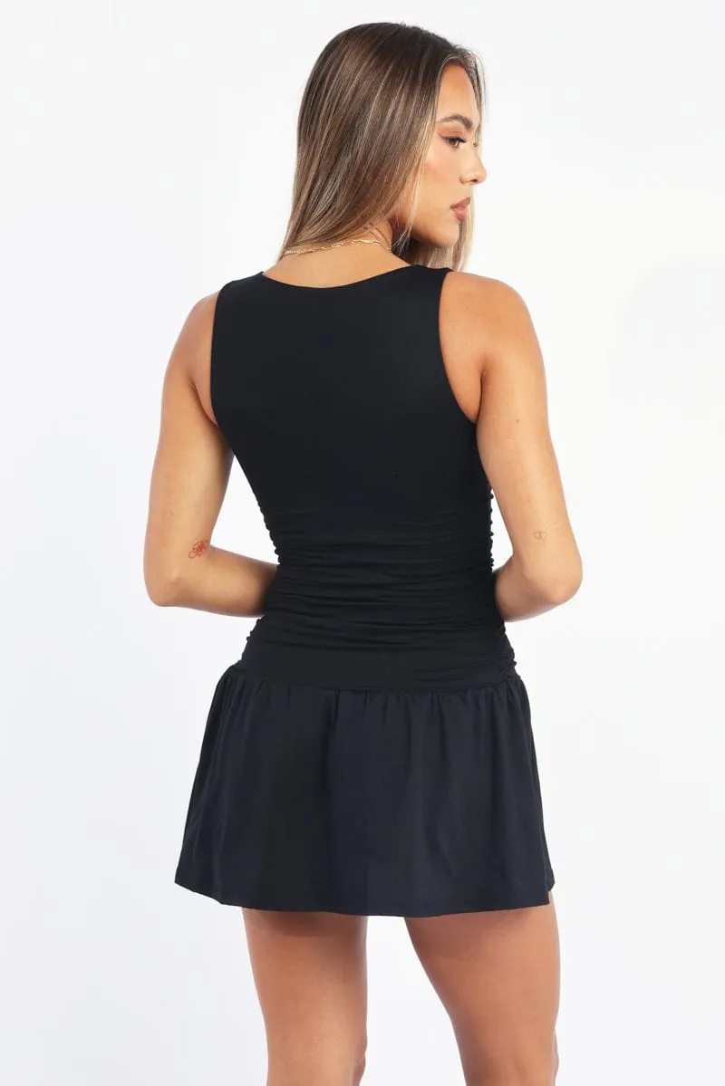 Charming Prints Floral Appeal Black Mini Dress Drop Waist