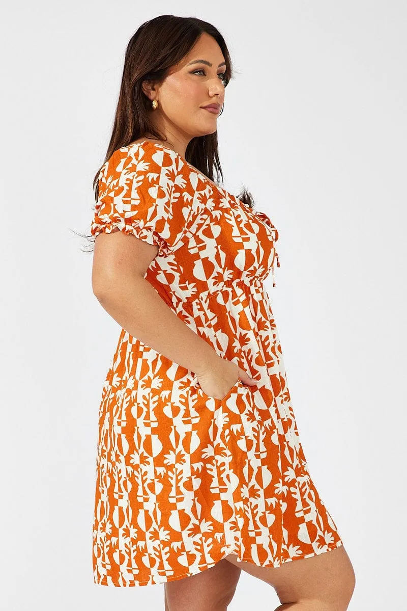 Day Out Eco Dye Brown Abstract Mini Dress Puff Sleeve Linen Blend