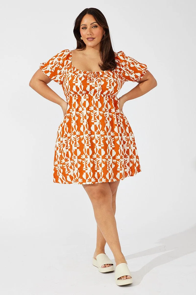 Brown Abstract Mini Dress Puff Sleeve Linen Blend Shine Pop