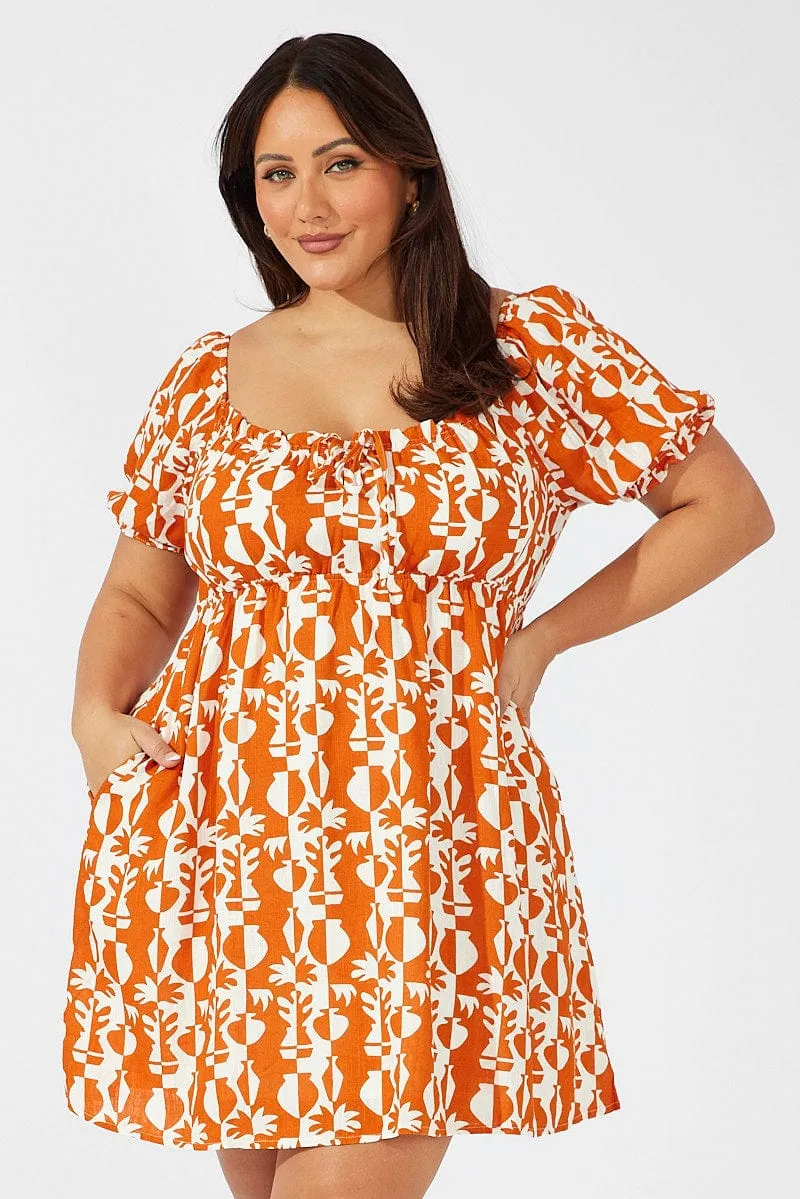 Fun Look Brown Abstract Mini Dress Puff Sleeve Linen Blend