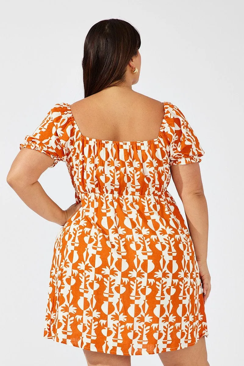 Convertible Straps Brown Abstract Mini Dress Puff Sleeve Linen Blend