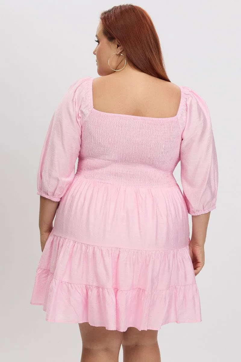 Star Edge Pink Shirred Bodice Puff Sleeve Tiered Mini Dress